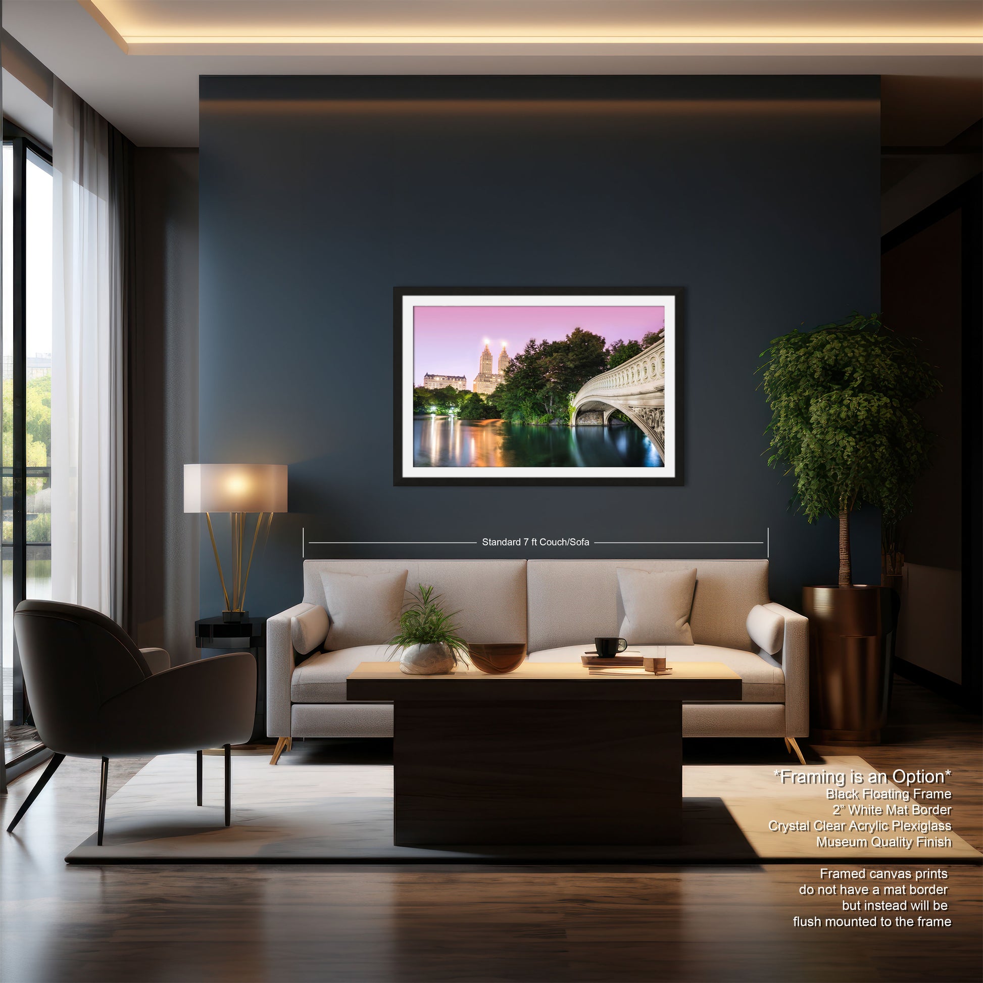 a living room with a couch a table and a painting on the wall
