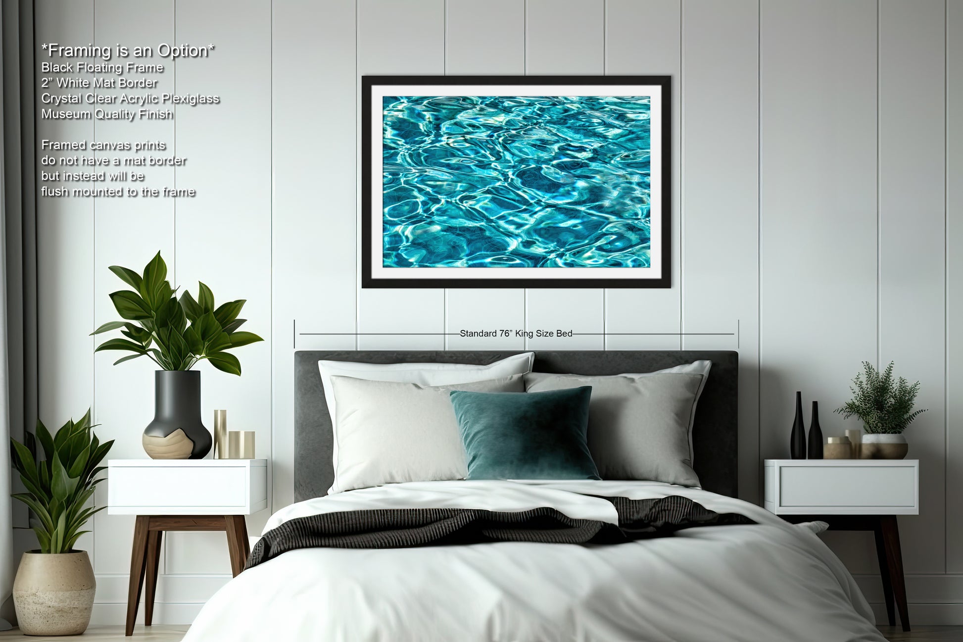 a serene bedroom scene with a large bed, nightstands, and a framed picture of a pool of water.