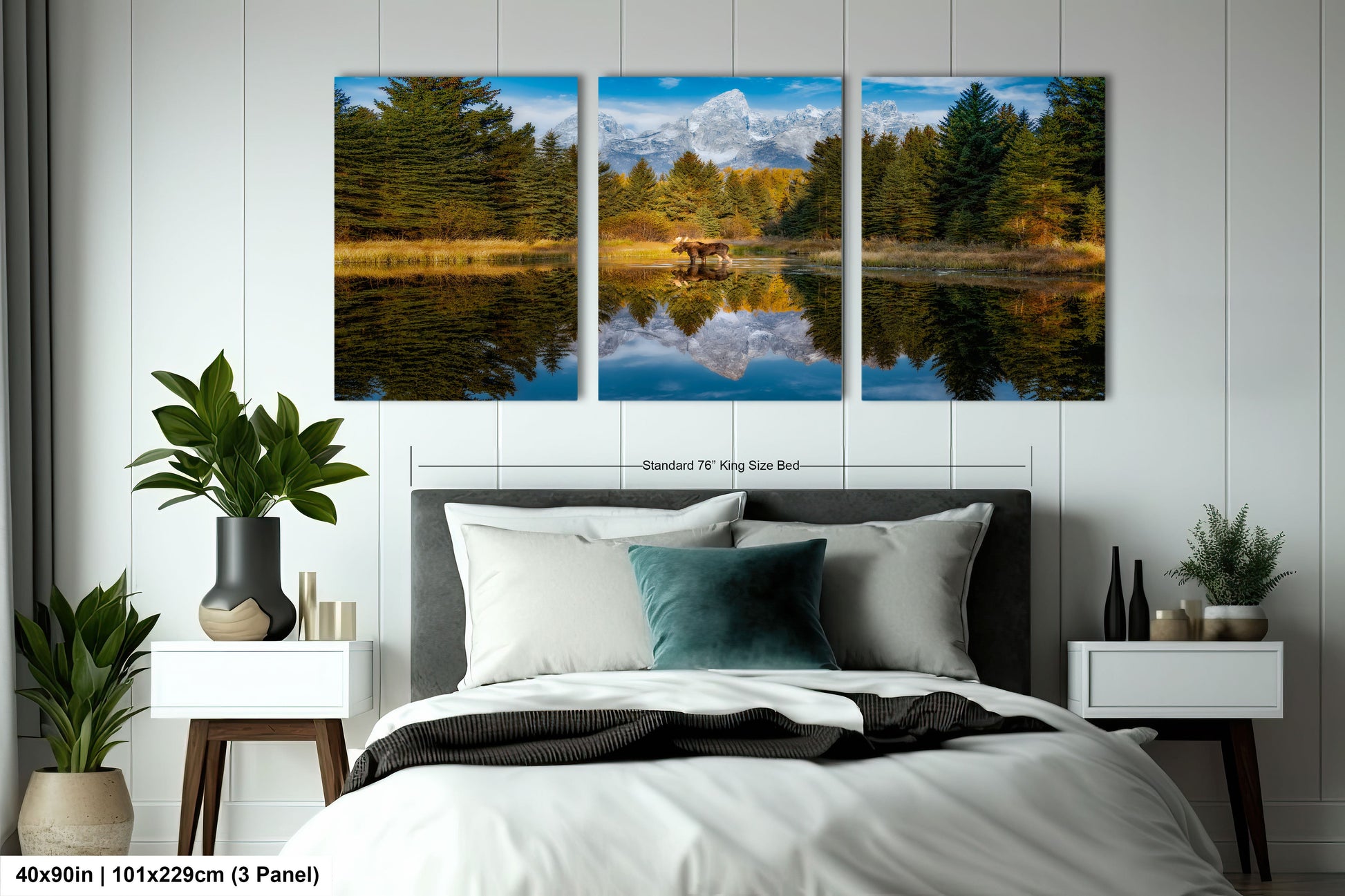 a bed room with a neatly made bed and two paintings on the wall