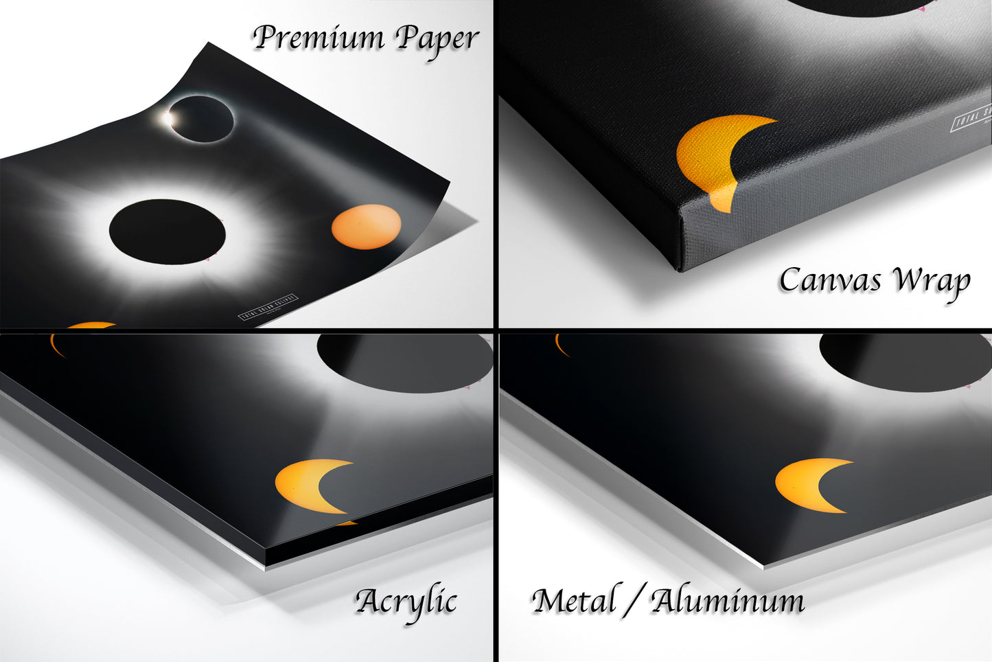four different views of a black box with a yellow moon on it