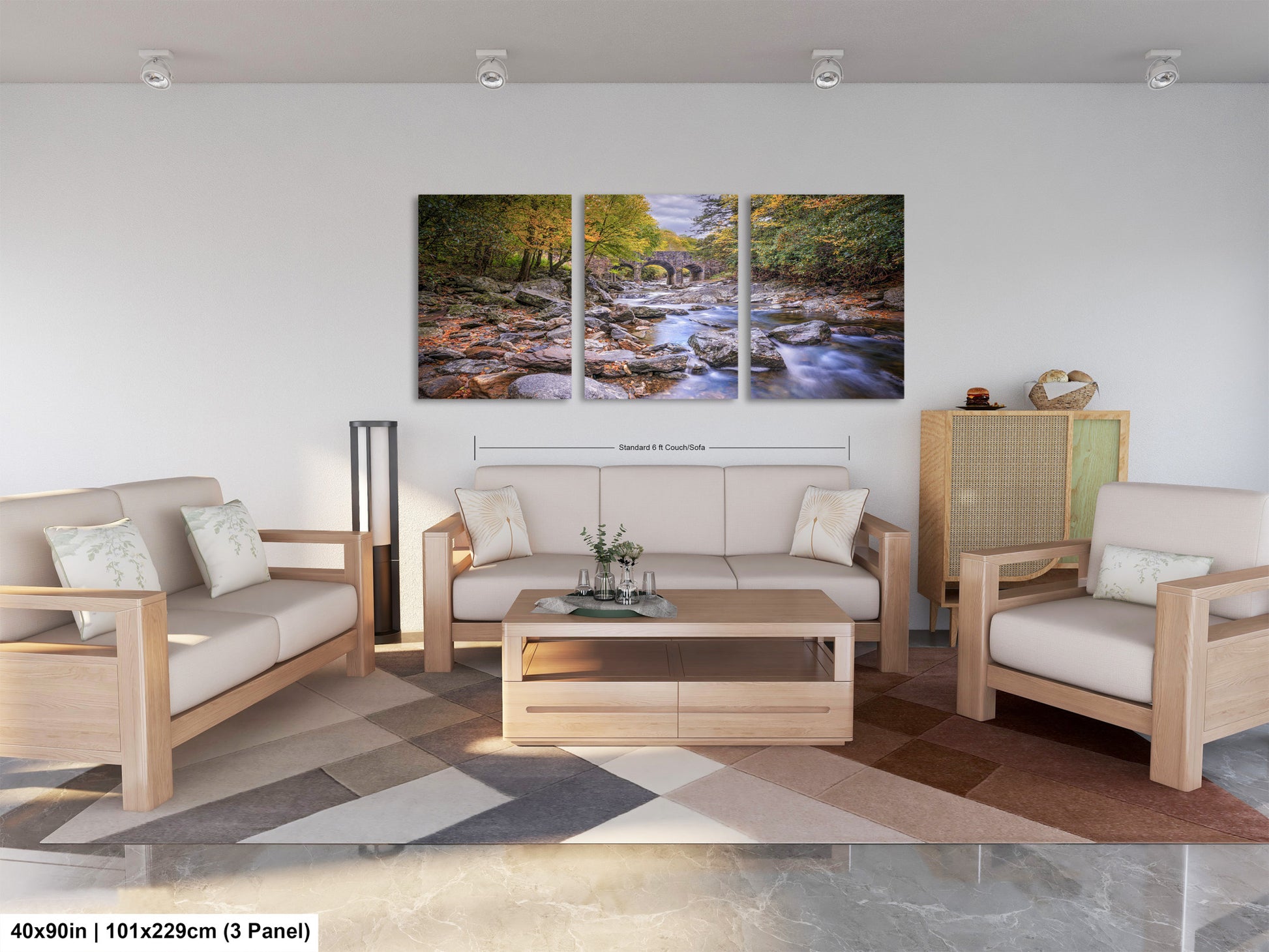 a living room filled with furniture and a painting on the wall