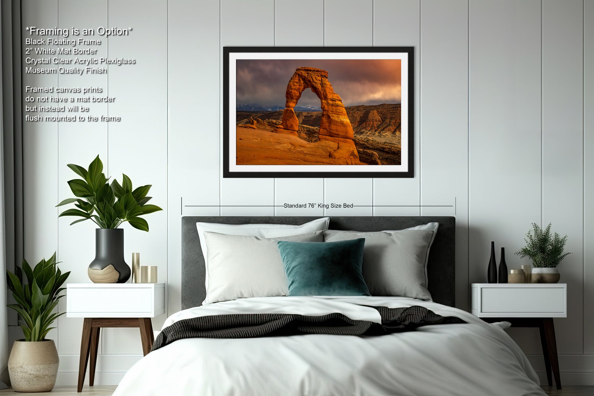 a bed in a room with a picture on the wall
