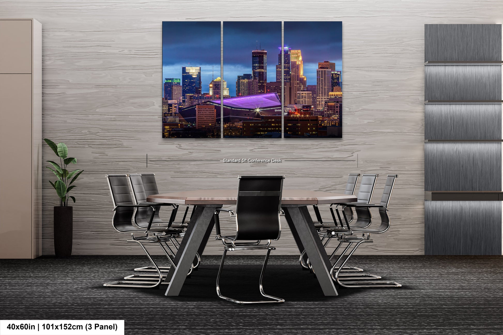 a dining room table with chairs in front of a cityscape