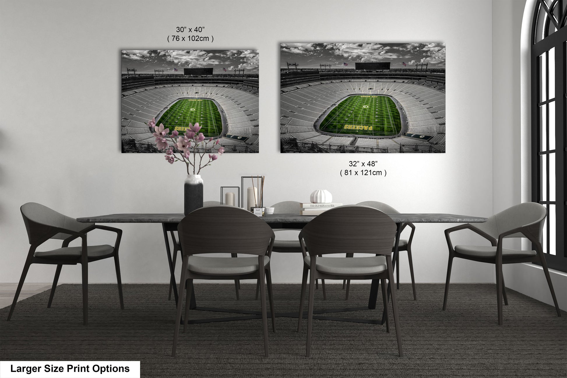 a dining room table with chairs and a vase of flowers
