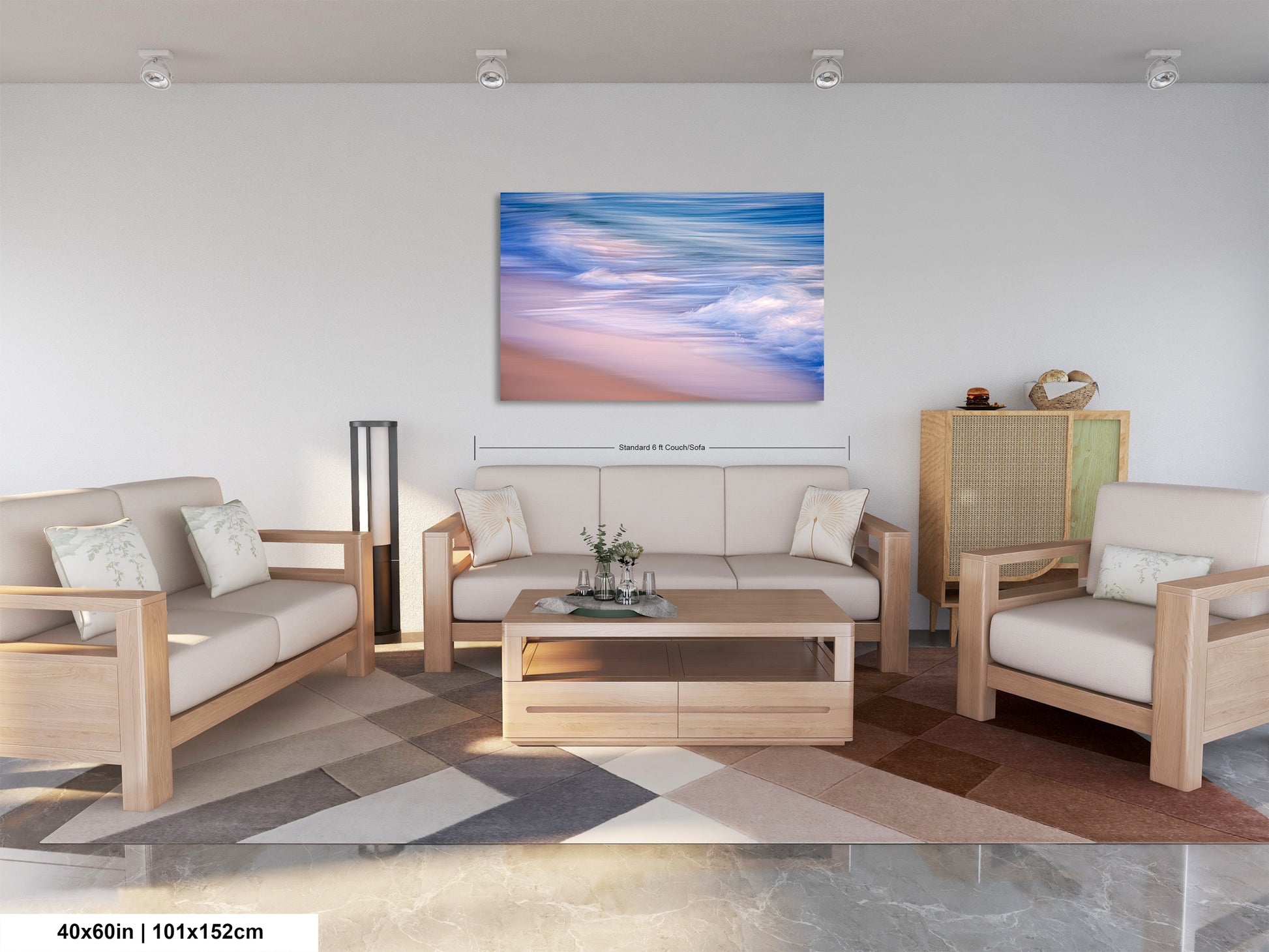 a living room filled with furniture and a painting on the wall