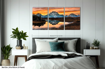a bedroom scene with a bed and two paintings on the wall
