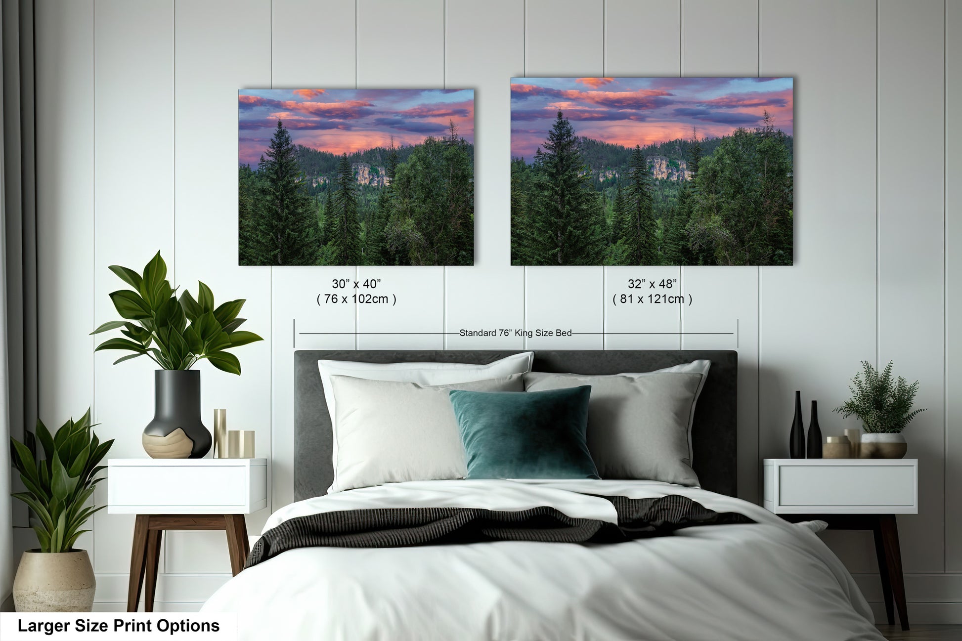a bed room with a neatly made bed and two pictures on the wall