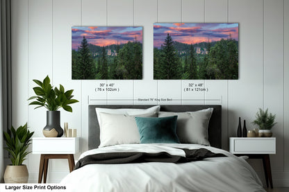 a bed room with a neatly made bed and two pictures on the wall
