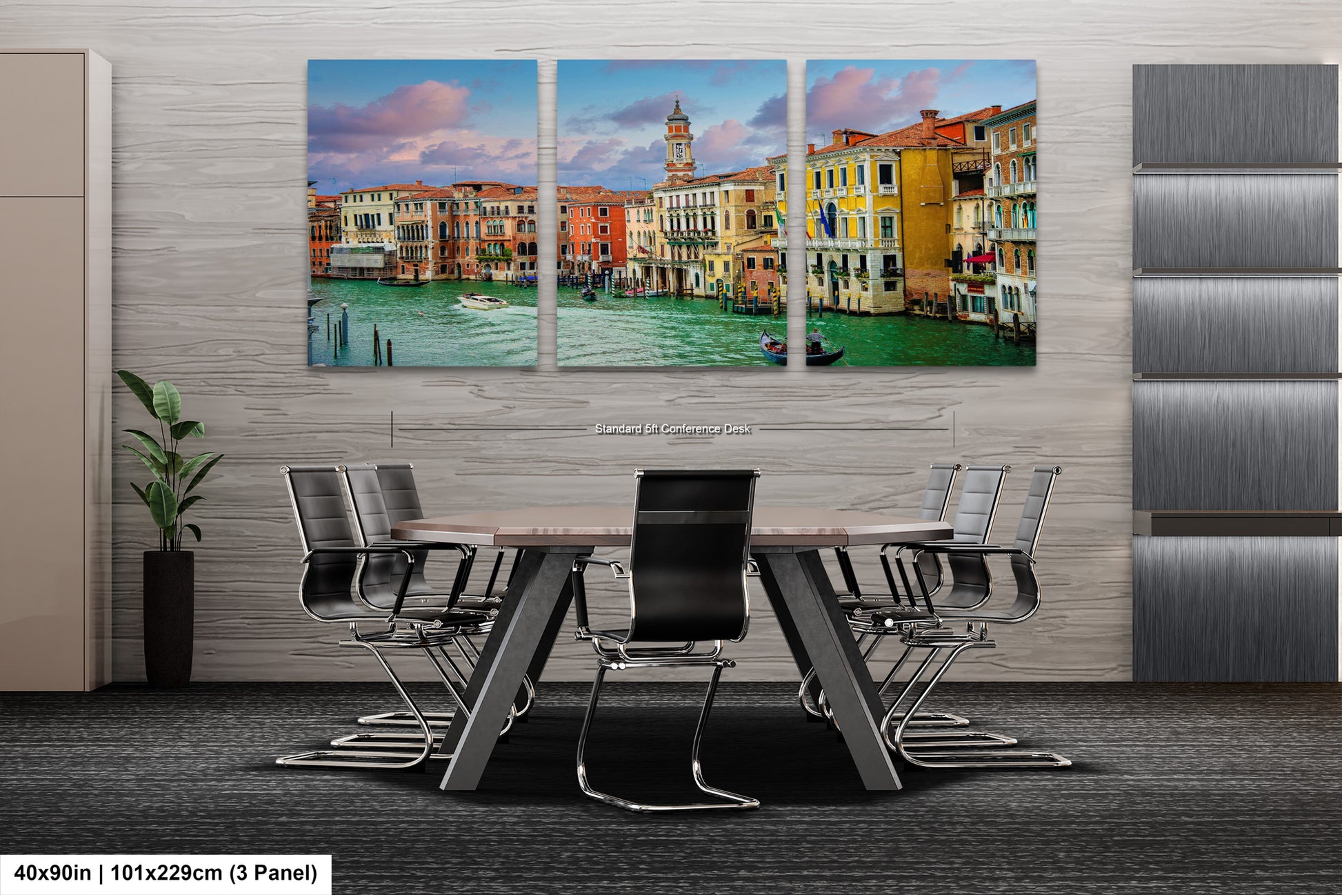 a dining room table with chairs and paintings on the wall