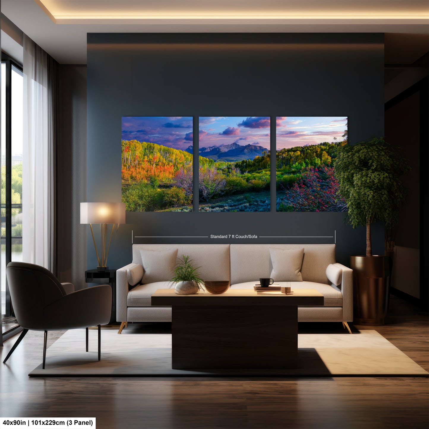 a living room filled with furniture and a painting on the wall