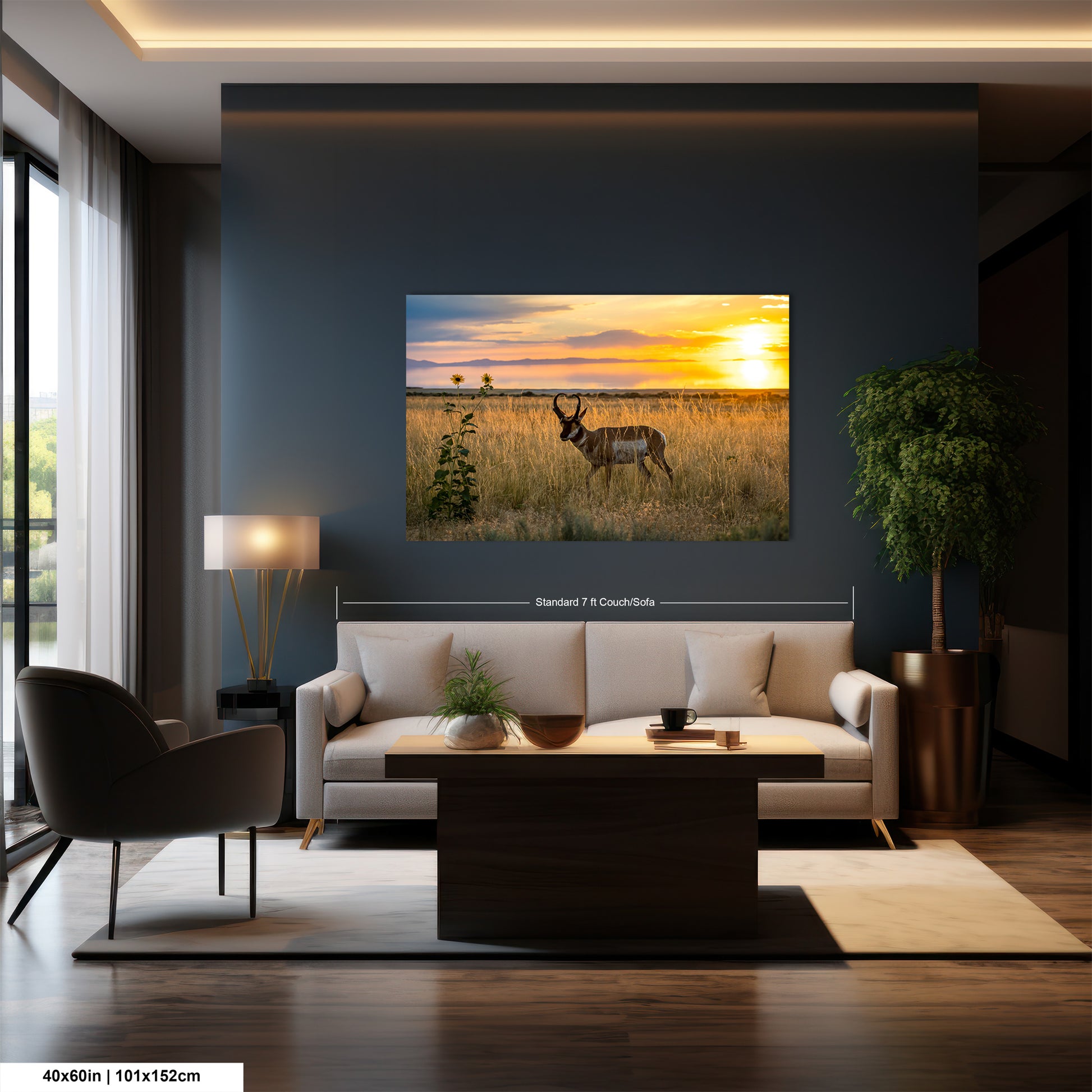 a serene living room with a large wall-mounted painting of a deer in a field at sunset. The room is furnished with a sofa, a coffee table, and a chair, creating a cozy and inviting atmosphere.