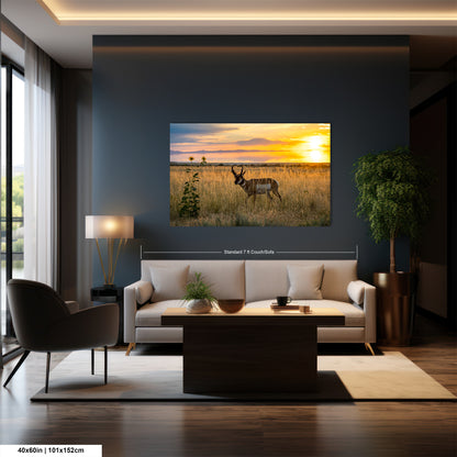 a serene living room with a large wall-mounted painting of a deer in a field at sunset. The room is furnished with a sofa, a coffee table, and a chair, creating a cozy and inviting atmosphere.