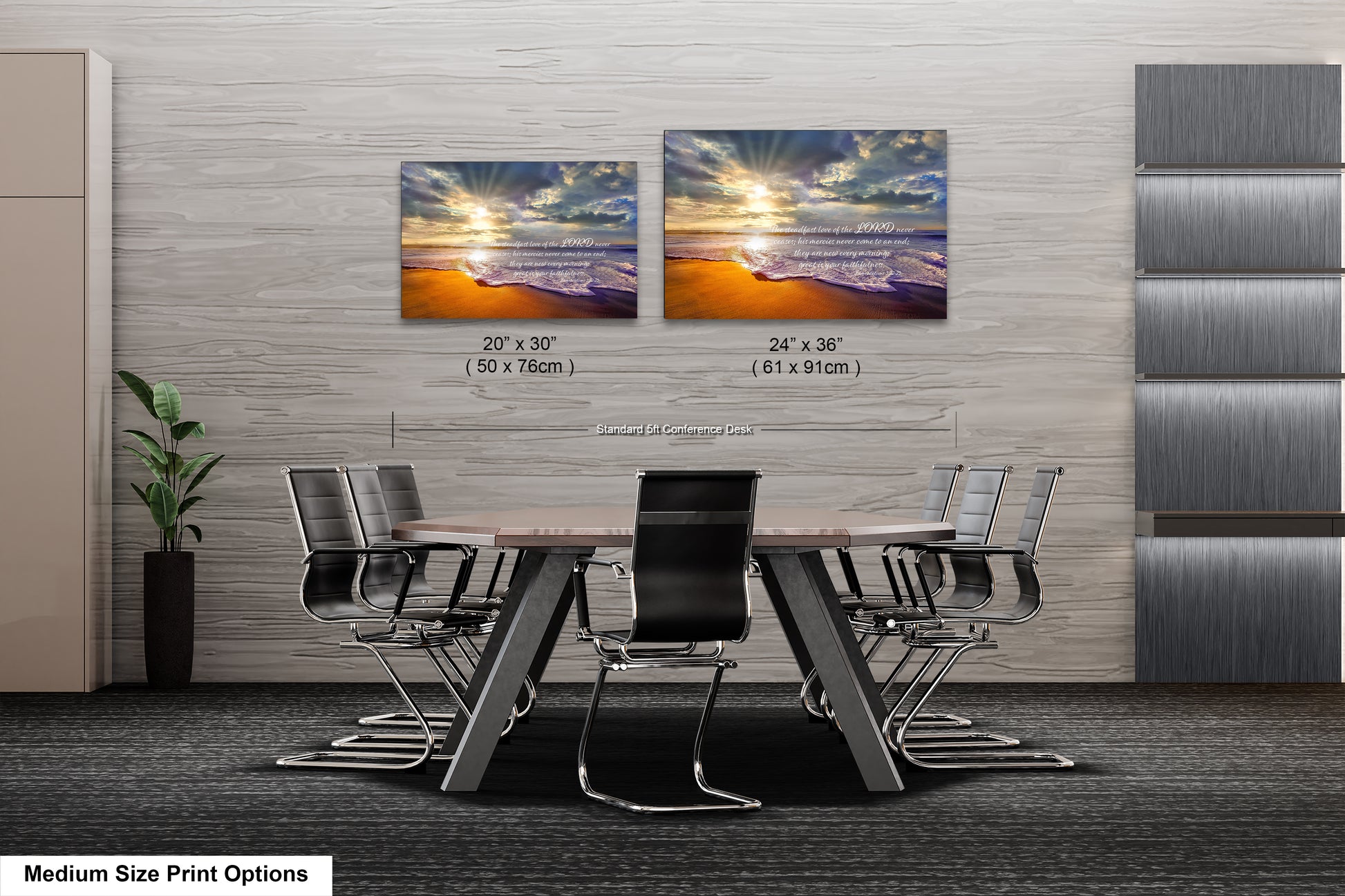 a dining room table with chairs and two pictures on the wall