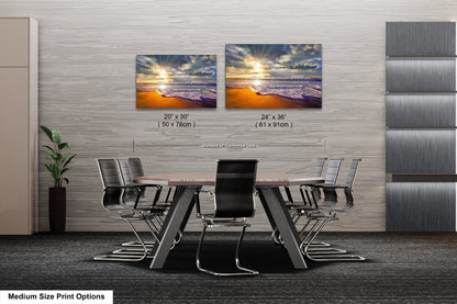 a dining room table with chairs and two pictures on the wall