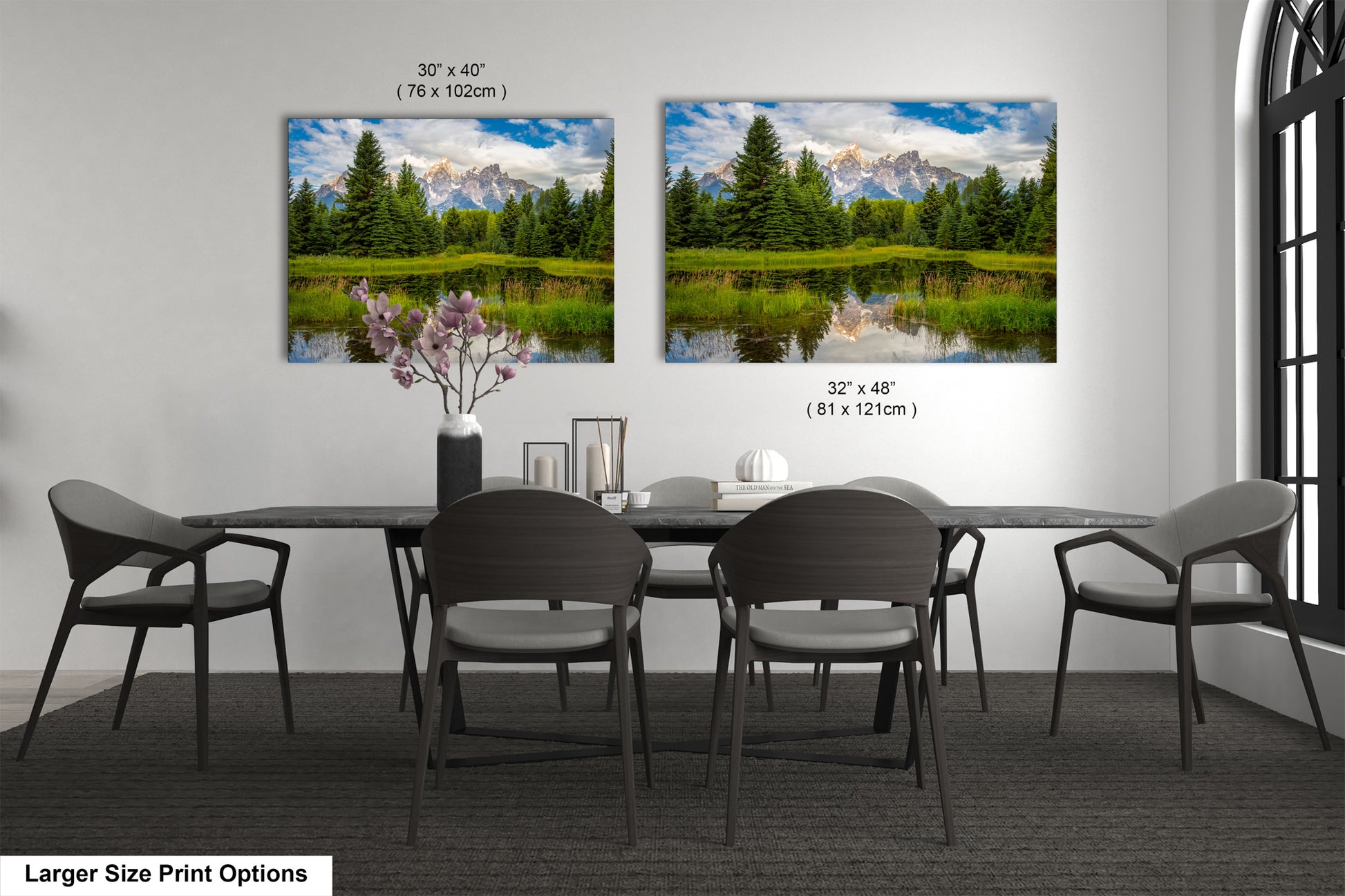 a dining room with a table and chairs