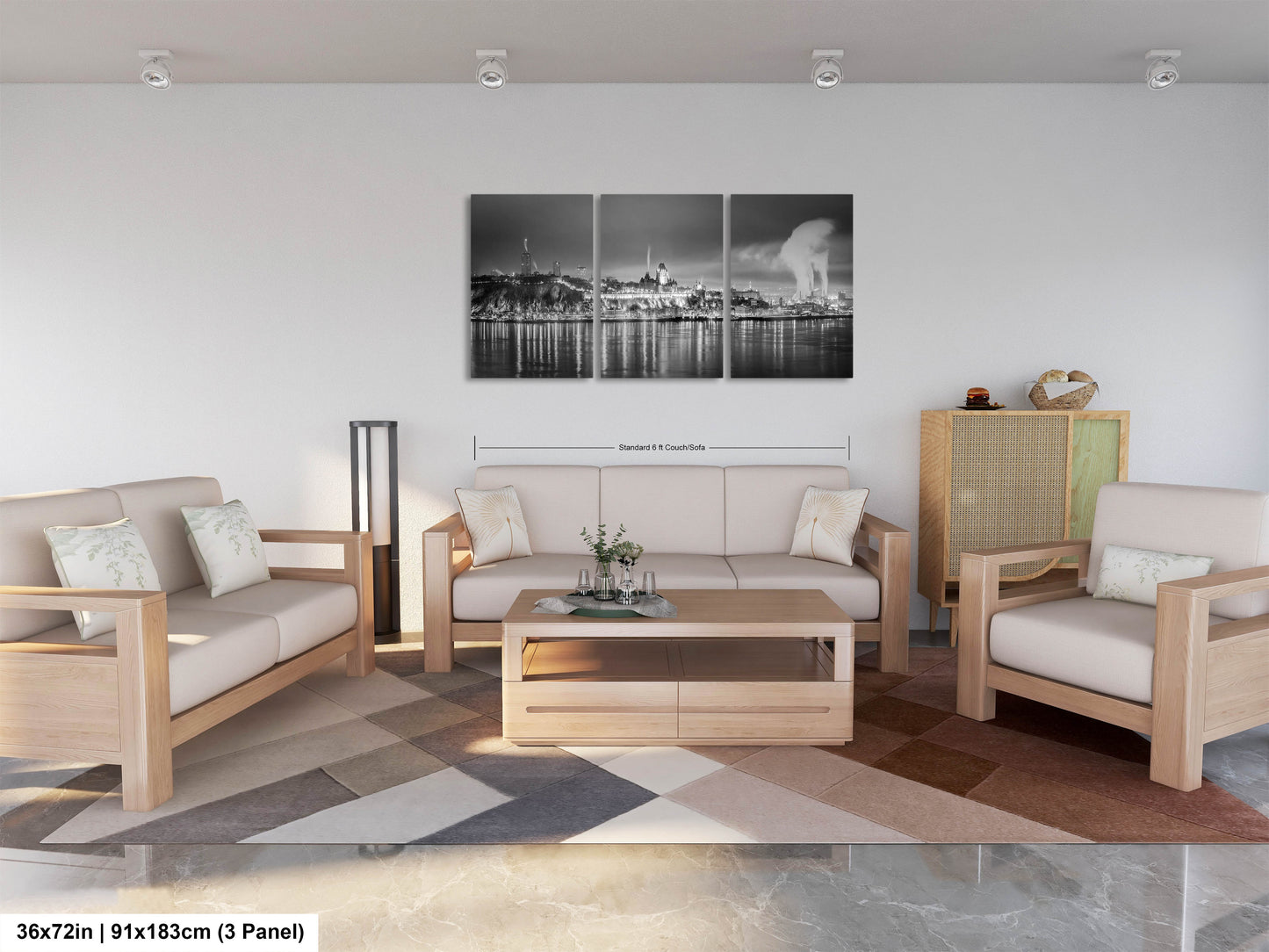 a living room filled with furniture and a painting on the wall