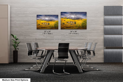 a dining room table with chairs and two pictures on the wall