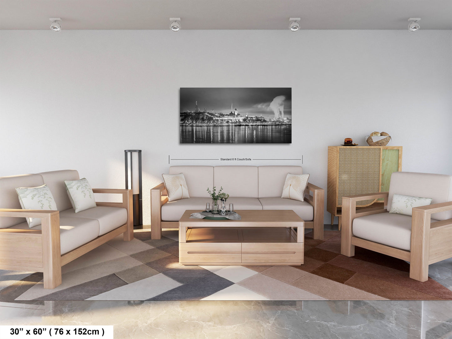 a living room filled with furniture and a painting on the wall