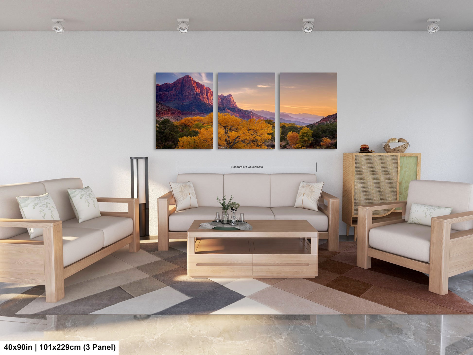 a living room filled with furniture and a painting on the wall