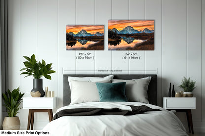 a bed room with a neatly made bed and two pictures on the wall