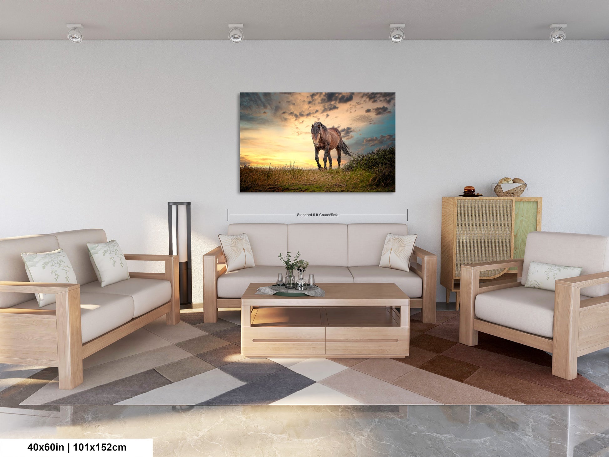 a living room filled with furniture and a painting on the wall