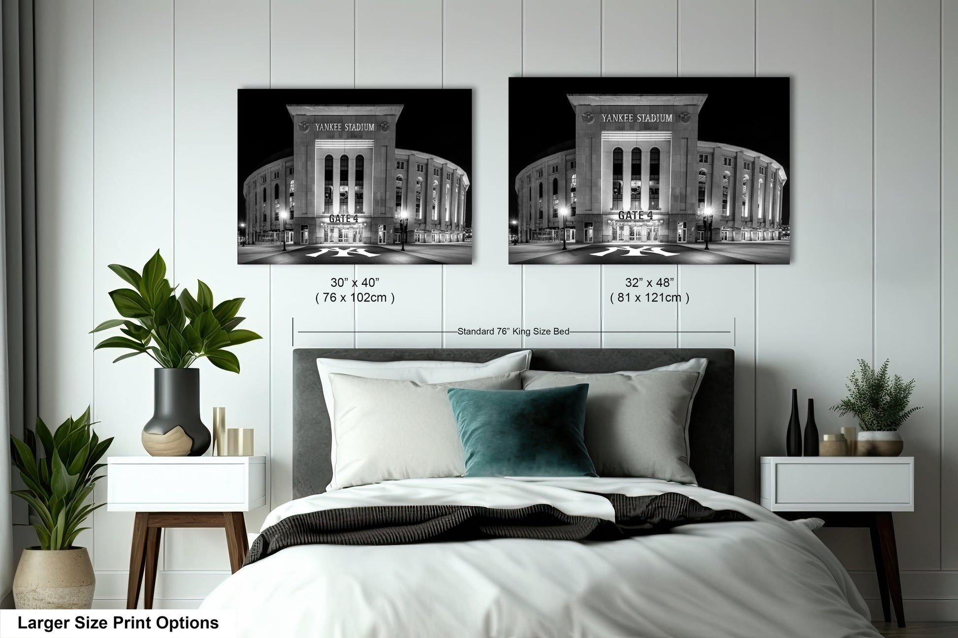 a bedroom with a bed and nightstands, along with two framed photographs of Yankee Stadium, a baseball stadium, hanging on the wall.