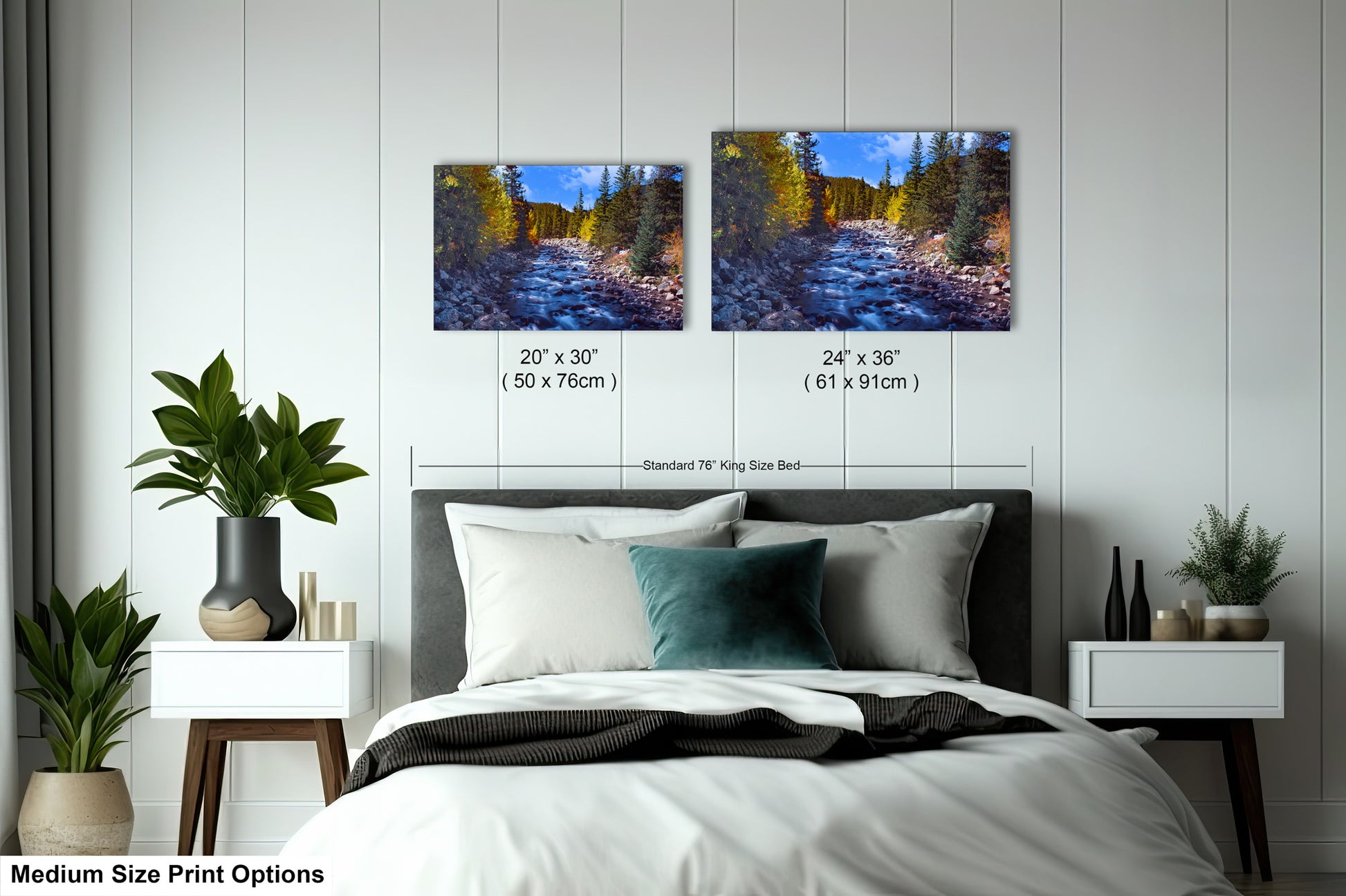 a bed room with a neatly made bed and two pictures on the wall