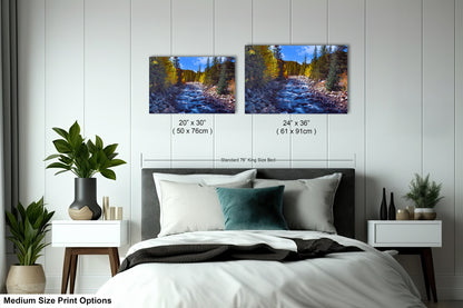 a bed room with a neatly made bed and two pictures on the wall