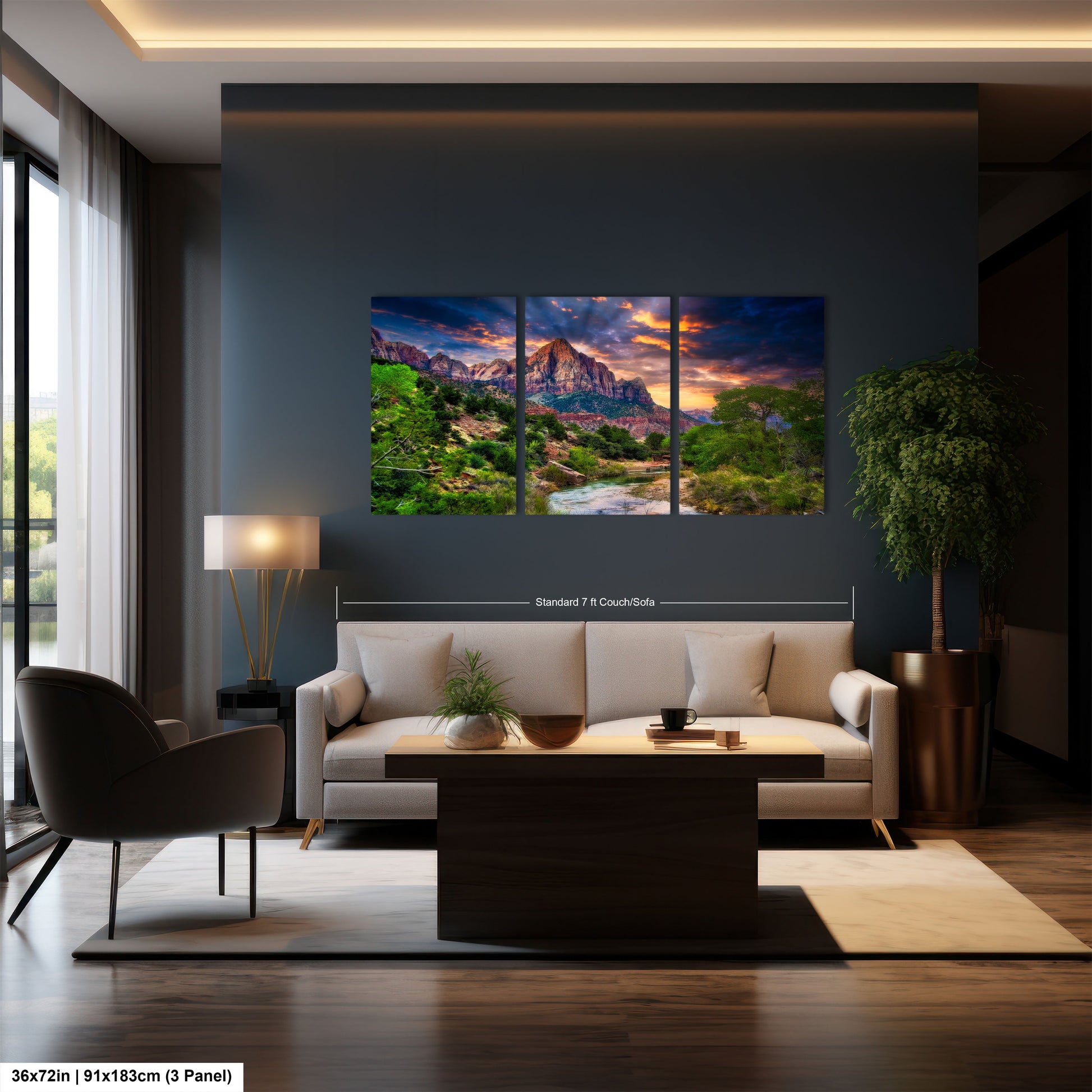 a living room filled with furniture and a painting on the wall