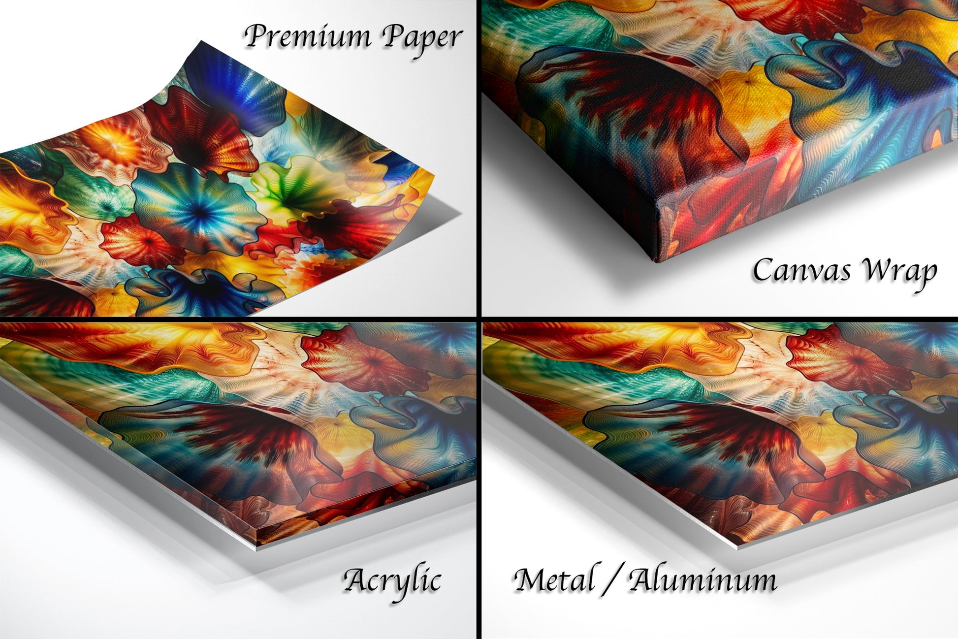 The image is a collage of four different images, each depicting a vibrant and colorful abstract artwork. The images showcase various materials and techniques used to create the artwork, including premium paper, canvas wrap, acrylic, and metal/aluminum.