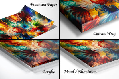 The image is a collage of four different images, each depicting a vibrant and colorful abstract artwork. The images showcase various materials and techniques used to create the artwork, including premium paper, canvas wrap, acrylic, and metal/aluminum.