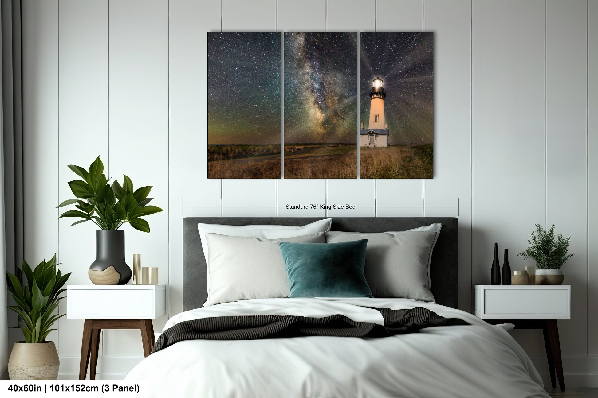 a bedroom with a bed and two paintings on the wall