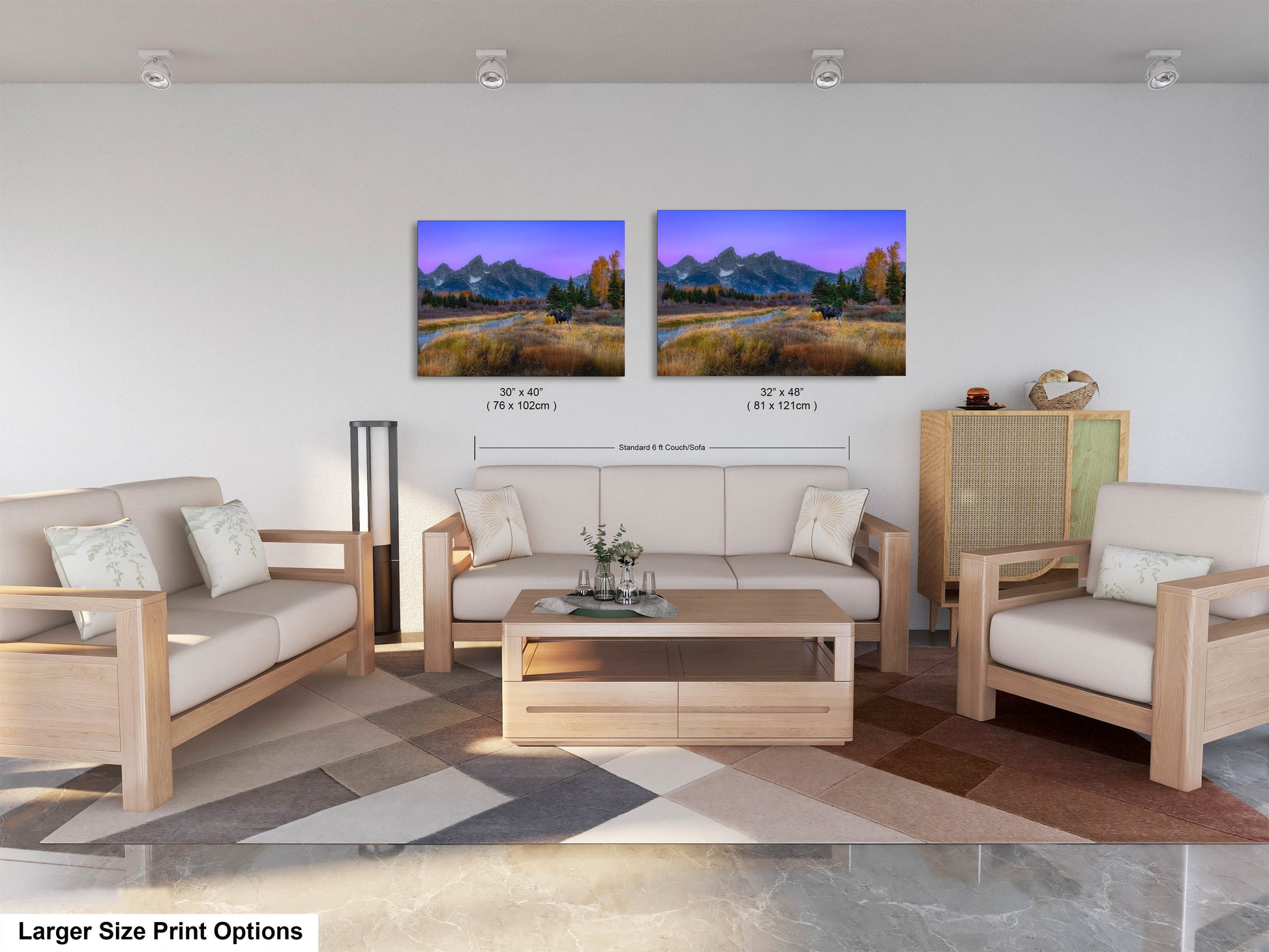 a living room filled with furniture and a painting on the wall