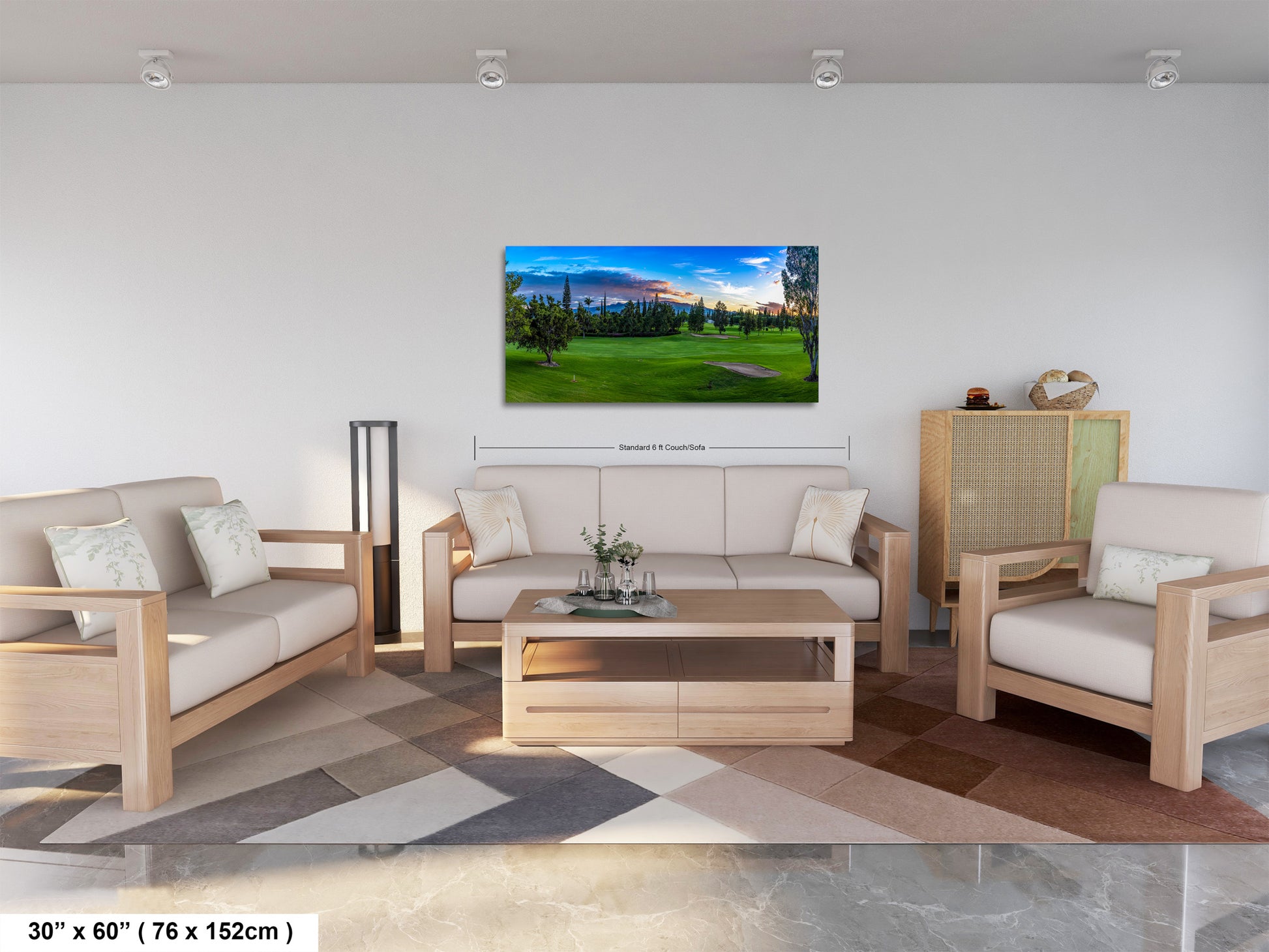 a living room filled with furniture and a painting on the wall