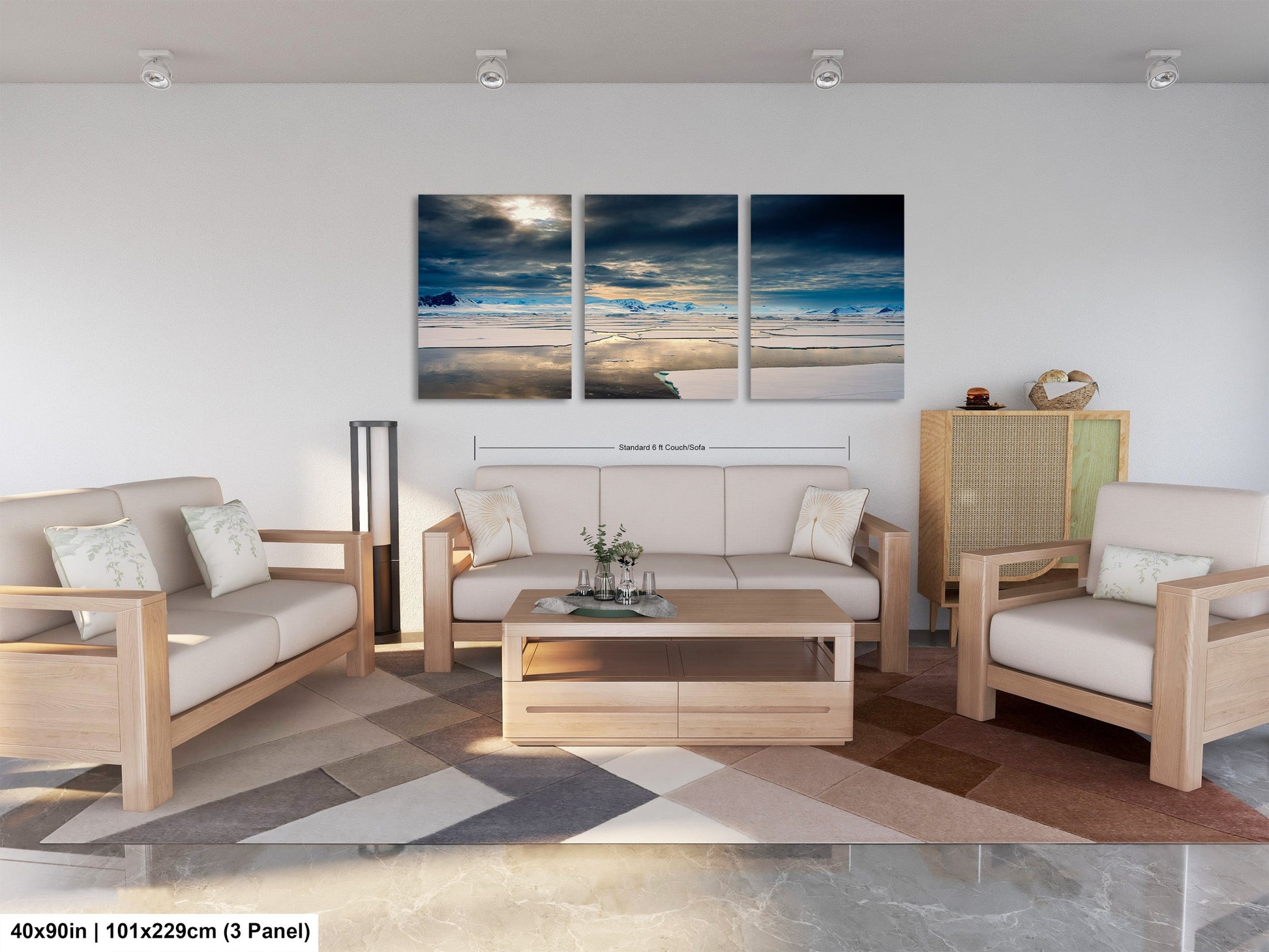 a living room filled with furniture and a painting on the wall