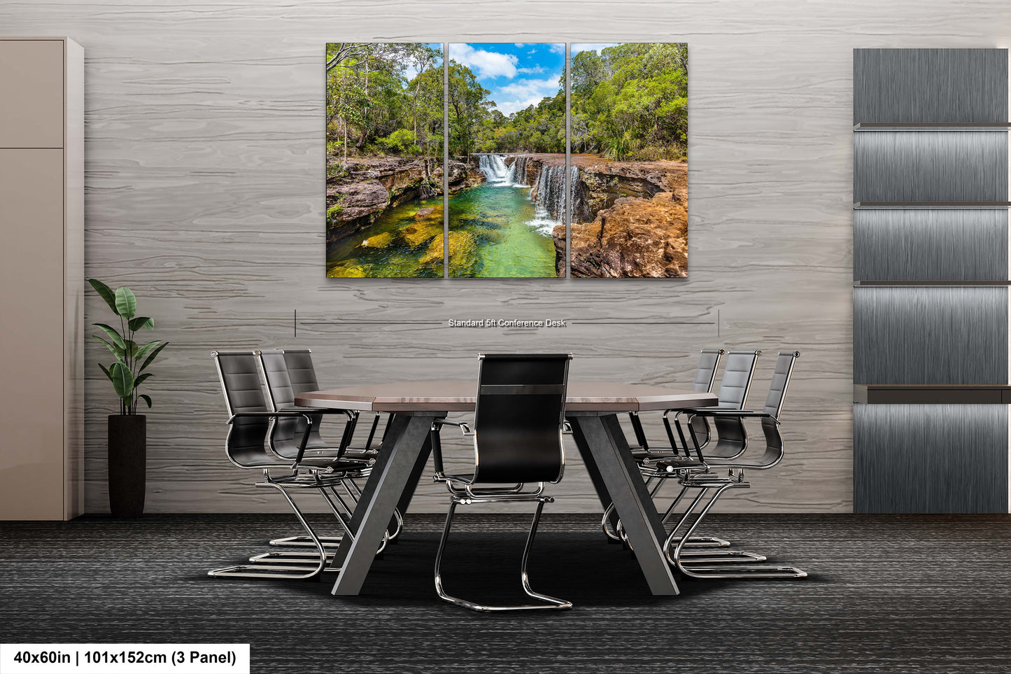 a dining room table with chairs and a painting on the wall