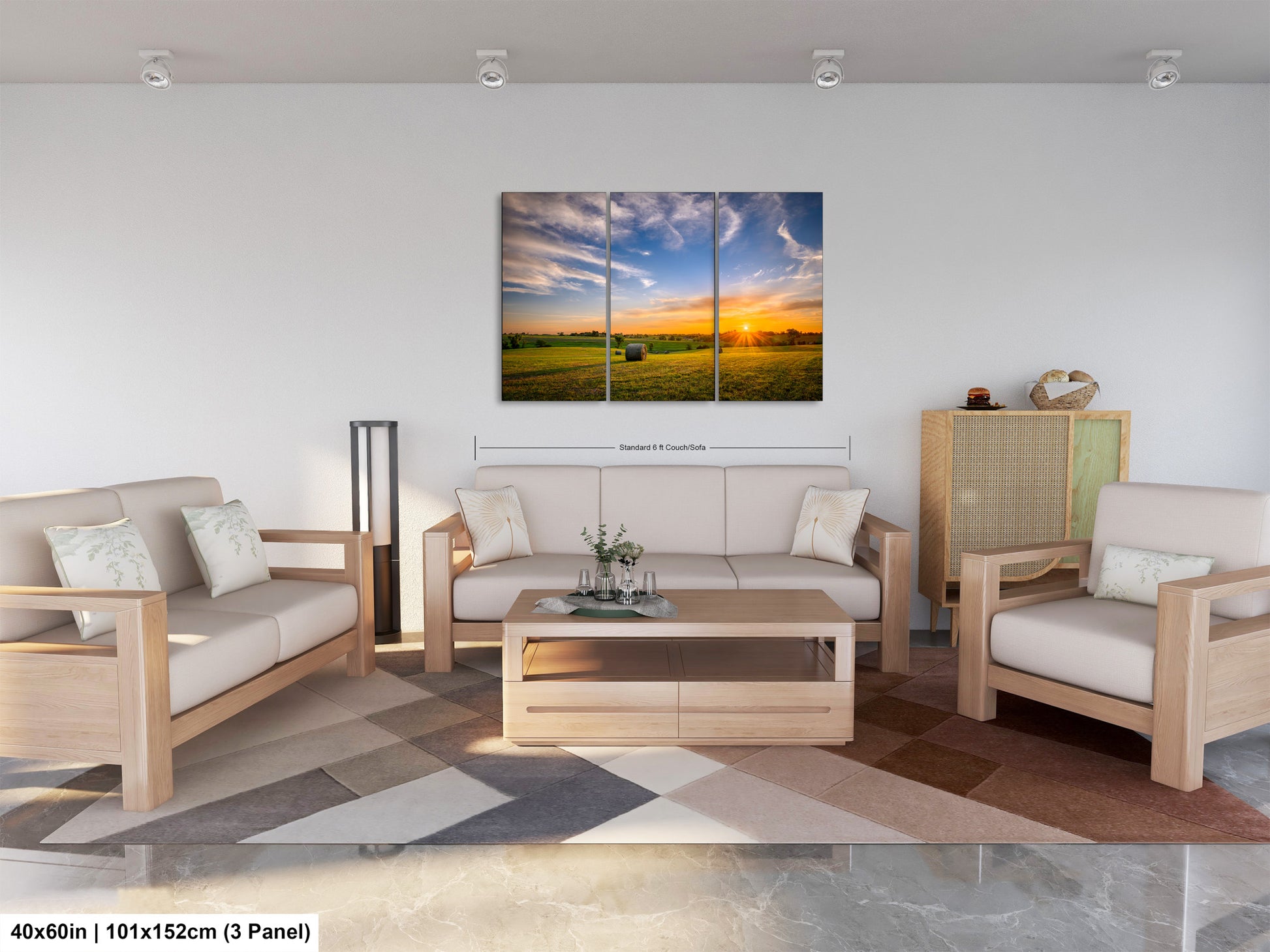 a living room filled with furniture and a painting on the wall