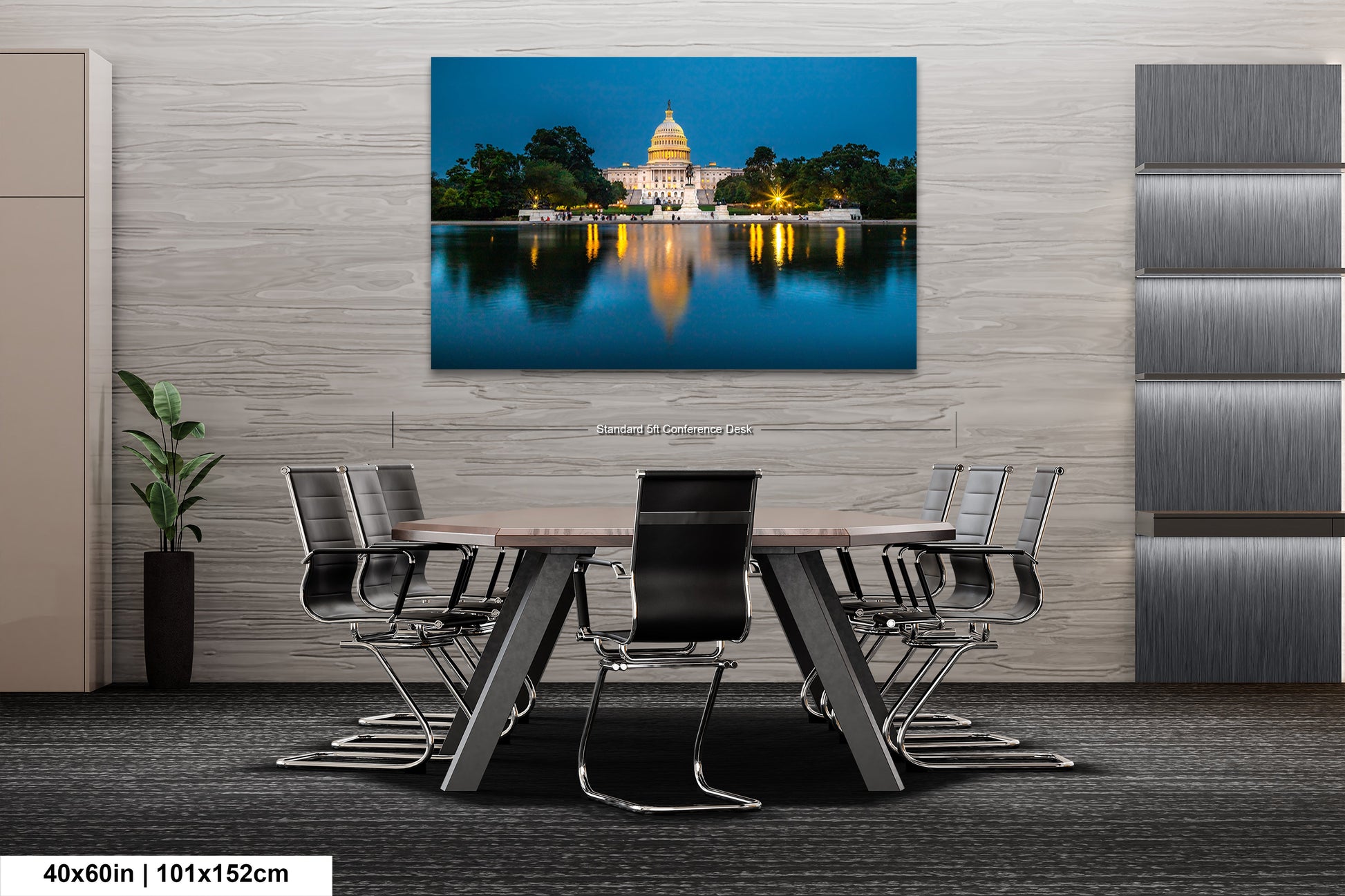 a dining room table with a view of the capitol building