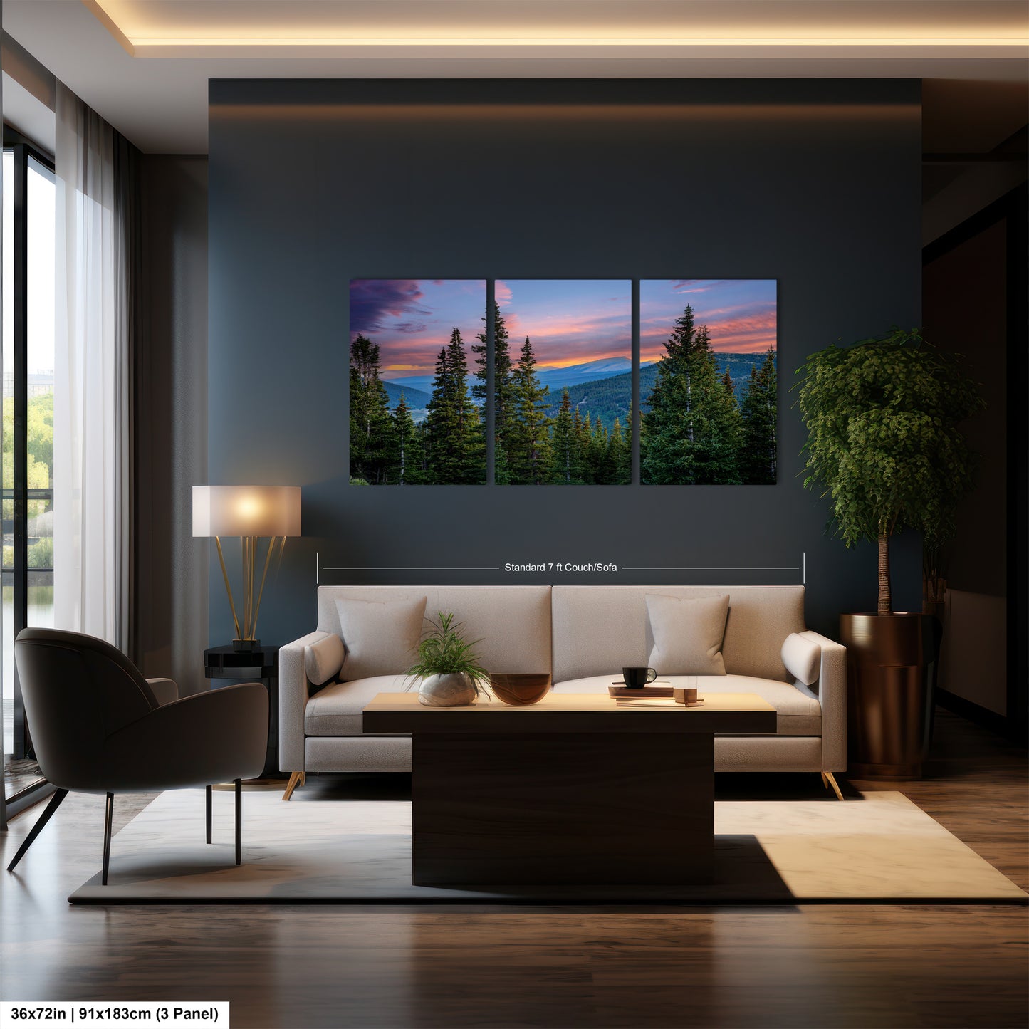 A modern living room with a large wall art depicting a serene mountain landscape at sunset. The room has a neutral color scheme, with a white sofa, a wooden coffee table, and a large window providing natural light.