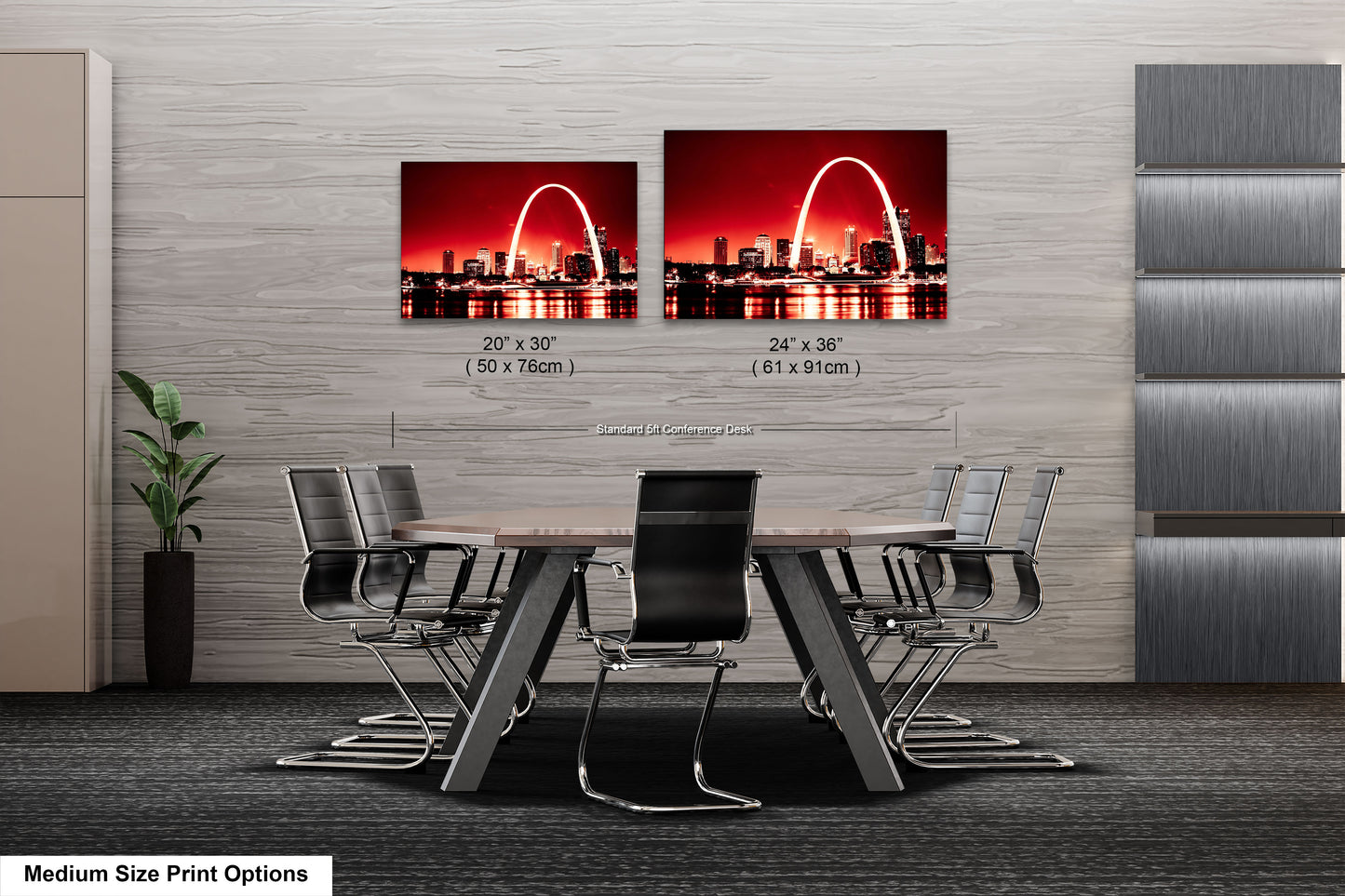 a dining room table with chairs and a picture of the st louis skyline