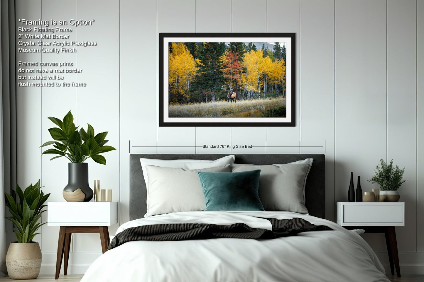 a bedroom with a bed and a picture on the wall