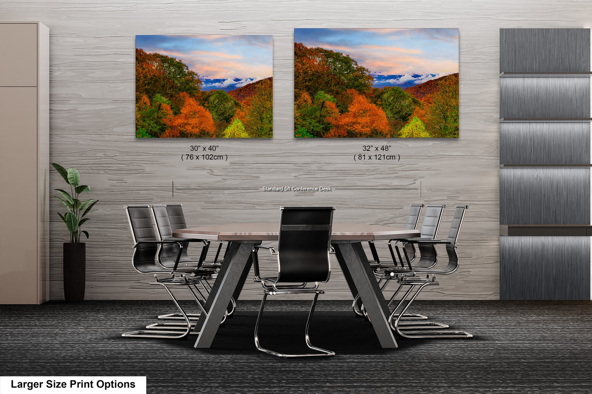 a dining room table with chairs and two pictures on the wall