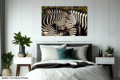 a couple of zebra standing next to each other on a bed