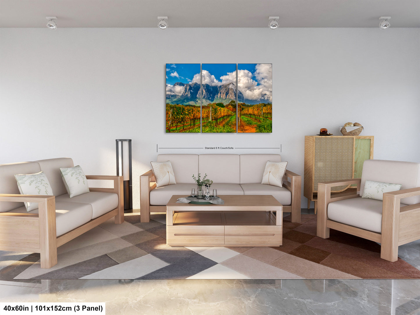 a living room filled with furniture and a painting on the wall