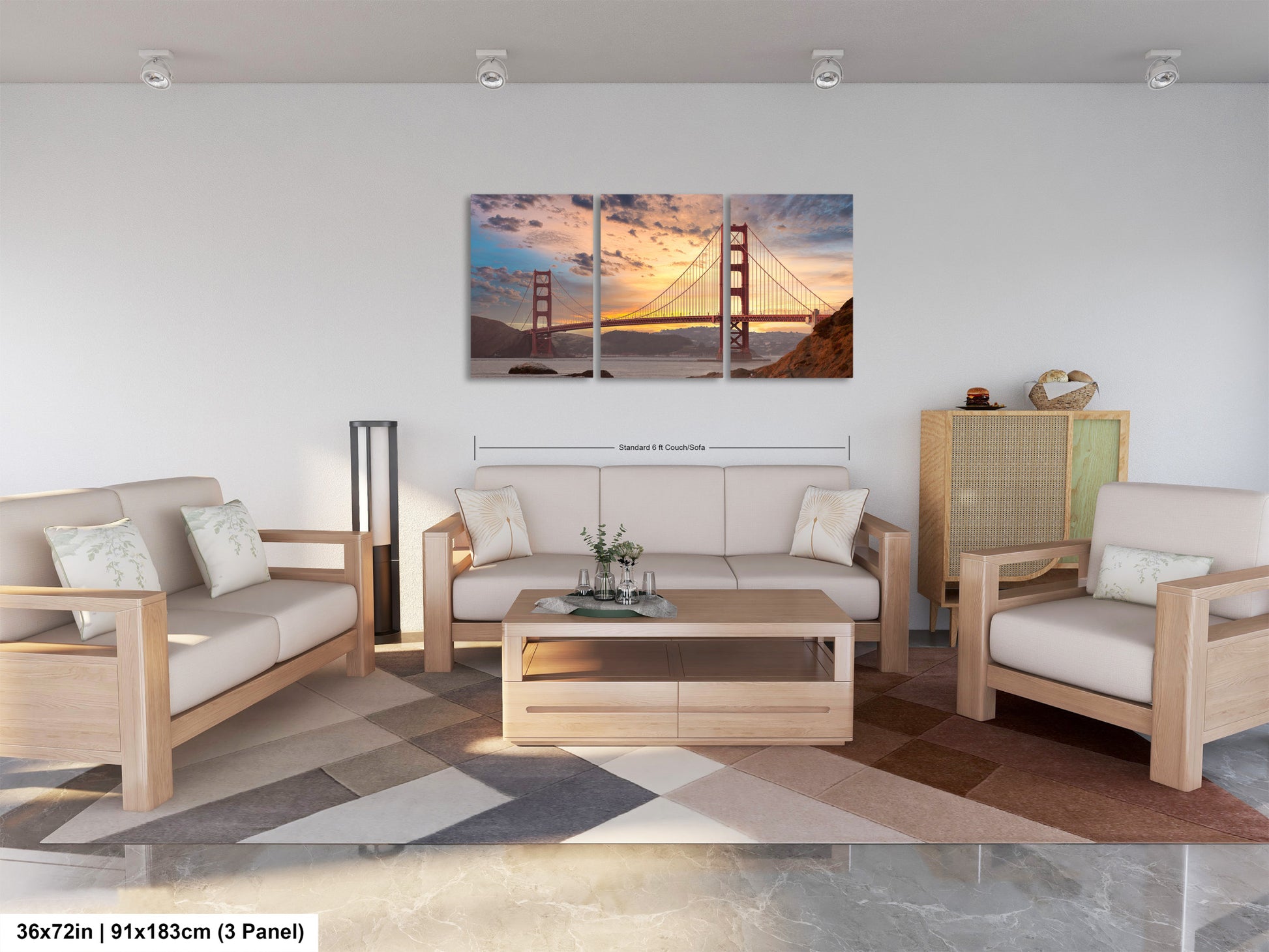 a living room filled with furniture and a painting on the wall