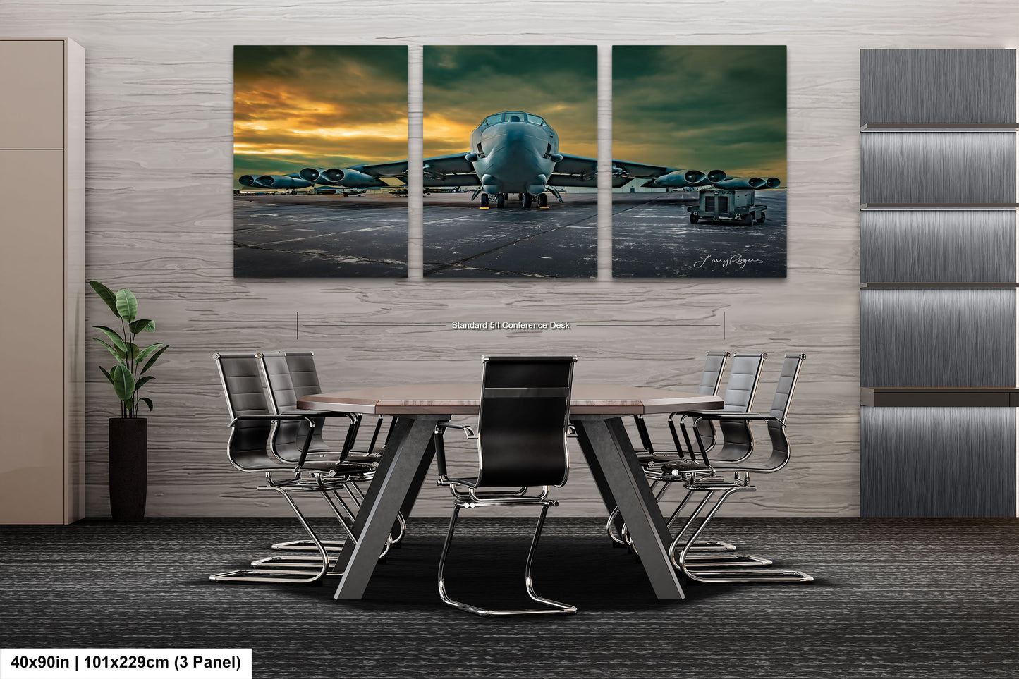 a dining room table with chairs in front of a wall mounted picture of a plane