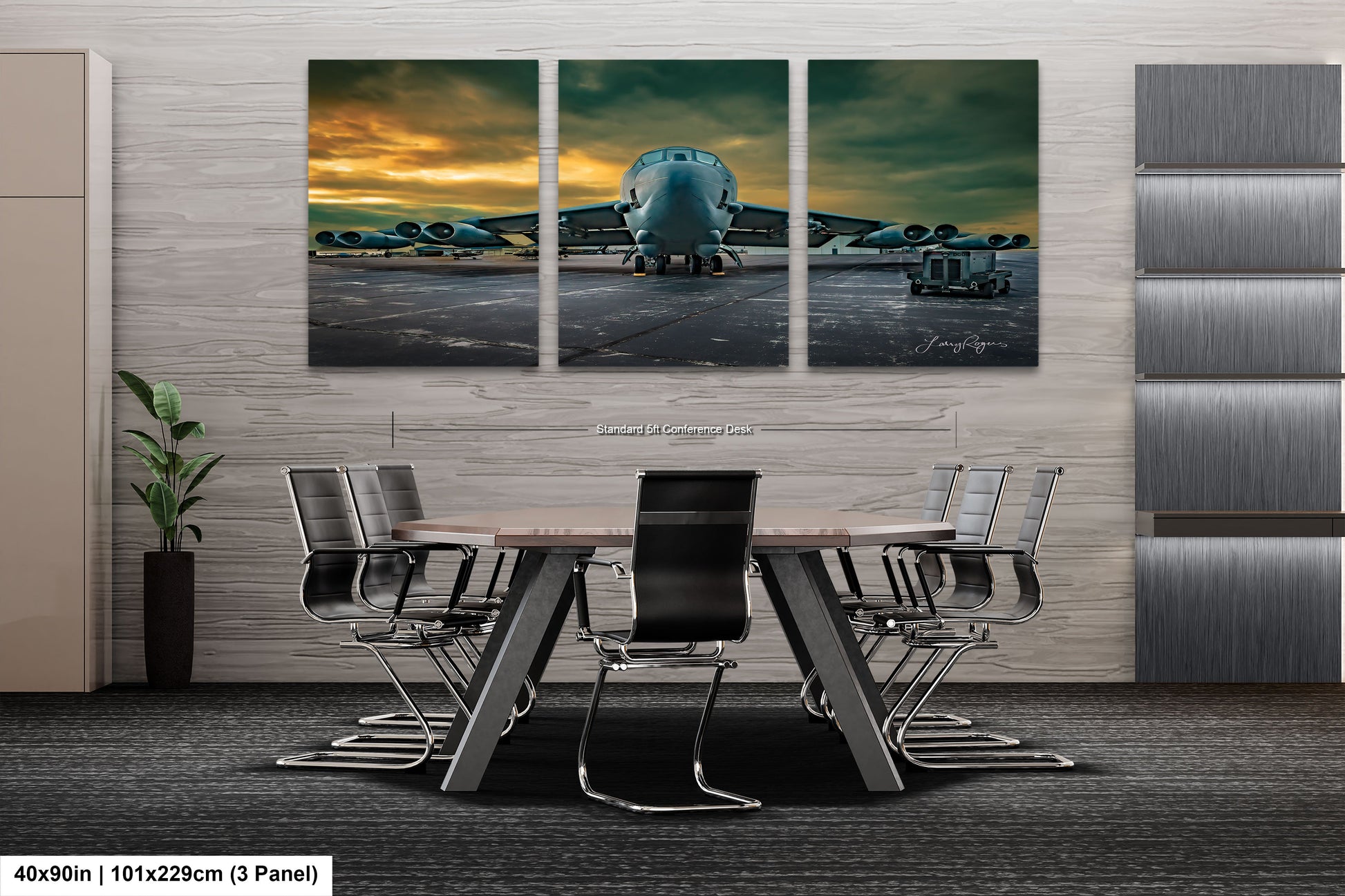 a dining room table with chairs in front of a wall mounted picture of a plane