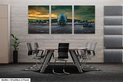 a dining room table with chairs in front of a wall mounted picture of a plane