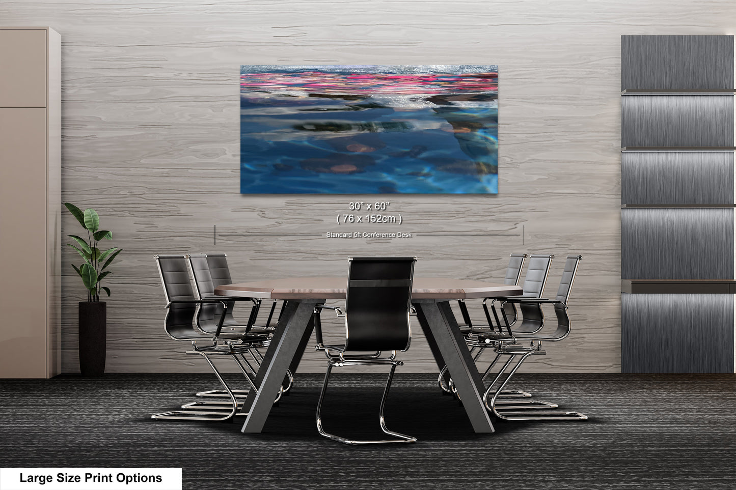 a dining room table with chairs and a painting on the wall