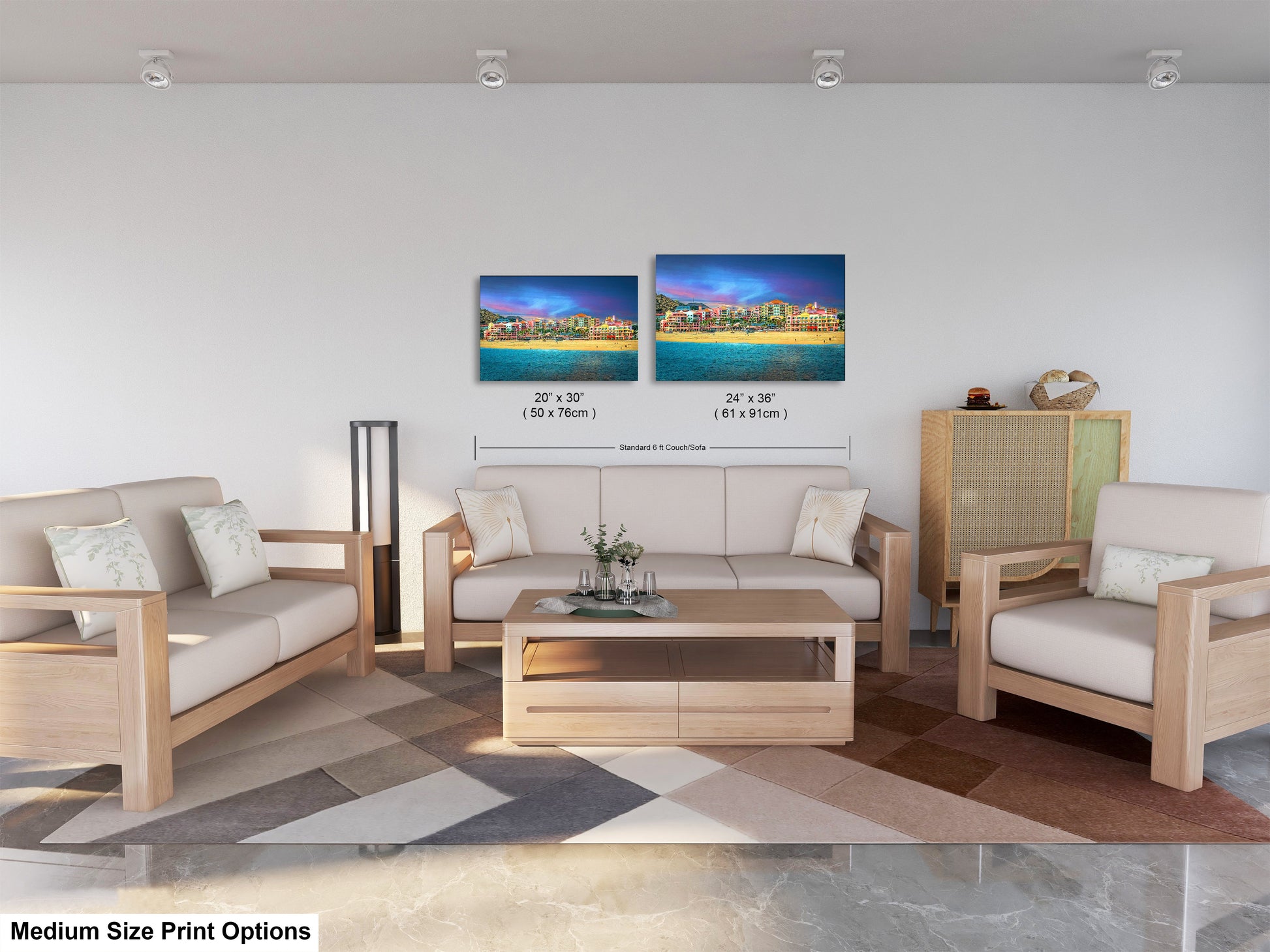 a living room filled with furniture and a painting on the wall